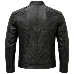 Chaqueta de cuero negra para hombre con cuello alto y cremallera, estilo motero, personalizada, premium, de moda, al por mayor - Product Image 2