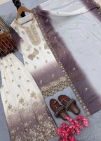 Ensemble haut, pantalon palazzo et dupatta en georgette brodée, deux tons blanc et violet, avec travail de diamants Jarkhan, pour femmes, tenue ethnique de soirée.