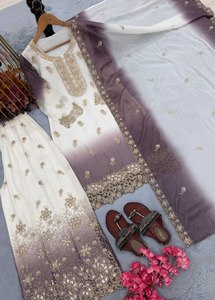 Women White And Purple Dual Tone Georgette Embroidery Jarkhan Diamond Work Top Plazzo Dupatta Set Ethnic Party Wear <b>Dress</b> - Product Image 2