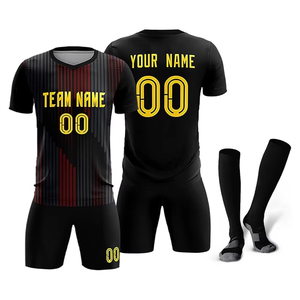 Maillot de football personnalisé sublimé pour homme, col en V, manches courtes, noir avec nom et numéro d'équipe jaunes, tenue athlétique toutes saisons - Product Image 1