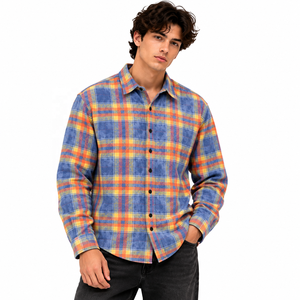 Chemise en flanelle à carreaux bleu et orange pour homme, manches longues, 100% coton, boutonnée, décontractée, pour l'automne - Product Image 1