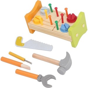 Wudly Banc d'outils en bois 18pcs Écrou Knock STEM Educational Construction Workbench Dingta Hand Eye Coordination Toy Pounding Hammer - Product Image 5
