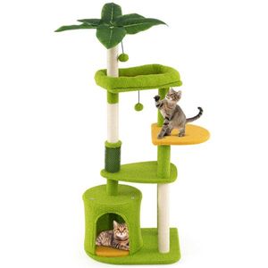 Arbre à chat compact de 48 pouces avec feuilles tropicales, auto-toilettant et griffoirs, vert et orange - Product Image 1