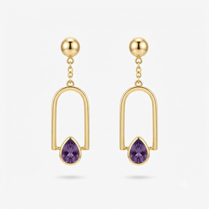 Boucles d'oreilles pendantes romantiques plaquées or 18 carats avec pierre taillée en poire violette, bijoux géométriques en laiton pour fêtes et mariages - Product Image 1