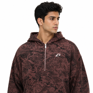 Brown Printed Men <b>Hoodies</b> French Terry Half <b>Zip</b> Oversized Drop Shoulder Kangaroo <b>Pocket</b> Casual Wear Autumn Style ODM Factory - Product Image 3
