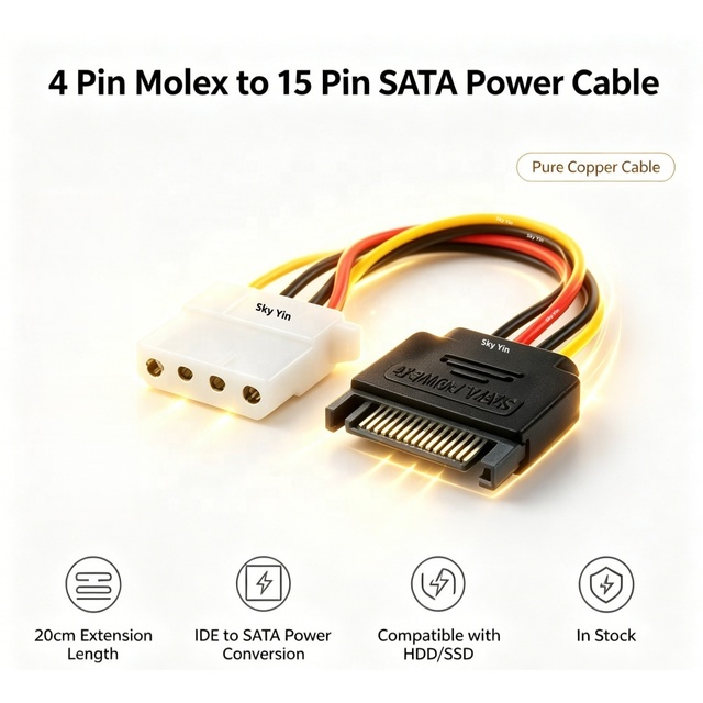 FYX Stock 4 Pin Molex to 15 Pin SATA Power Cable IDE Power Adapter HDD SSD Power Extension Cable 20cm