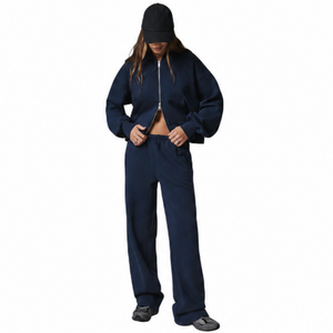Women Cropped Full <b>Zip</b> Hooded Tracksuit Set Loose Straight Leg <b>Trousers</b> Relaxed Fit Drawstring Waist Two Piece Streetwear Outfit - Product Image 1