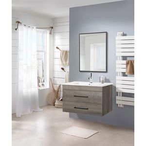Mobile Bagno Moderno da 32 Pollici Grigio Effetto Legno Sospeso con Doppio Cassetto, Sistema Soft-Close e Lavabo in Ceramica Bianca - Product Image 2