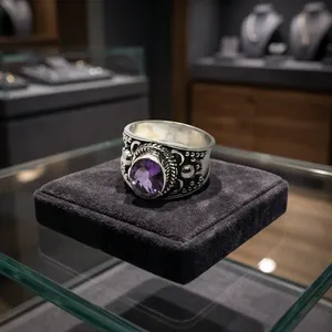 Anillo llamativo de plata de ley 925 con amatista, hecho a mano, estilo bohemio vintage, joyería con gemas, banda ancha y llamativa, venta al por mayor para mujer - Product Image 2