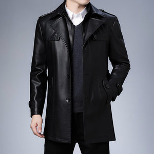 Men's Long Genuine <b>Leather</b> Quick Dry Knitted Coat Full Sleeve Turn-down Collar Single Breasted Winter Wear Solid Color Black - Product Image 3