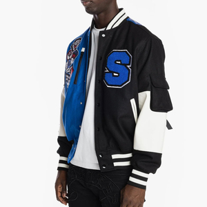 Chaqueta Varsity para Hombre, Azul, Negro y Blanco, con Parches, Botones, Resistente al Viento, Invierno, 100% Poliéster, Cuello Camisero, Estilo Casual, Corte Regular - Product Image 4