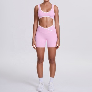 Pink Two Piece Yoga Set Racerback <b>Crop</b> <b>Top</b> High Waist Shorts Seamless Cut-Out Design Contrast Binding - Product Image 1