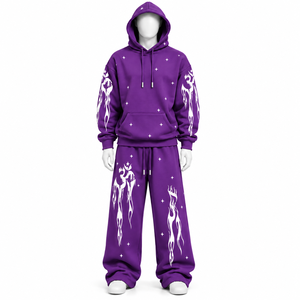 Ensemble survêtement unisexe streetwear en coton 100% avec broderie logo personnalisée, sweat à capuche oversize délavé à l'acide et pantalon de survêtement à manches longues - Product Image 4