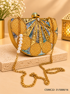 Pochette mosaïque en nacre MOP en métal doré faite à la main avec chaîne pour mariage et soirée - Product Image 2