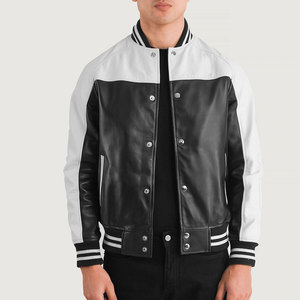 Chaqueta Bomber de Cuero PU para Hombre, Color Negro y Blanco, Cuello Camisero, Cierre de Botones, Estilo Casual para Otoño - Product Image 2