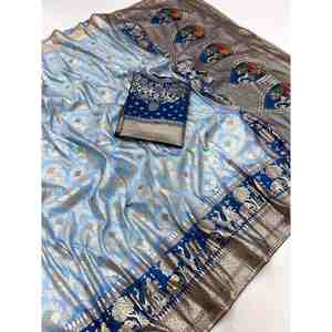 VÊTEMENTS DE SOIE EN MOUSSELINE ZARI WORK SAREE AVEC BLOUSE INCOSÉE BLEU - Product Image 1