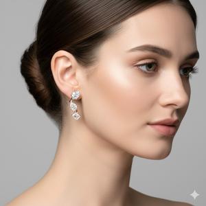 Boucles d'oreilles pendantes fantaisie en or massif 14 carats avec trois diamants de laboratoire pour femme, idéales pour mariage - Product Image 2