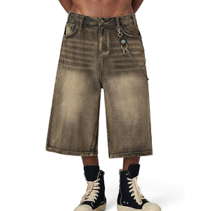 Men's High <b>Waist</b> Washed Denim Capri Shorts Street Style With <b>Chain</b> Decoration Black Cotton Canvas - Product Image 2