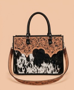 Hand <b>Tooled</b> Cowhide <b>Leather</b> Tote Bag Western Floral Pattern Shoulder Handbag for Daily Travel Shopping - Product Image 1