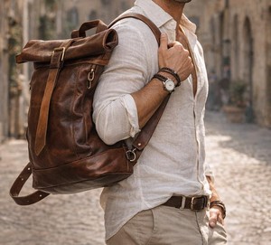 Handmade Vintage Genuine <b>Leather</b> Roll Top <b>Backpack</b> Durable Cowhide Daypack For Men Business Travel College Bag LRTB-0102 - Product Image 2