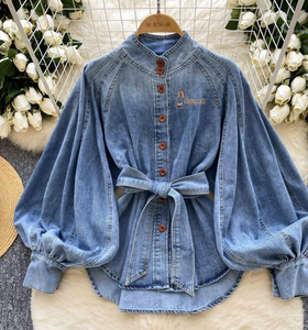 Women's Denim Shirt Mandarin Collar <b>Balloon</b> Sleeve Button Down Wrap Tie Loose Fit Casual Top Full Sleeve Solid Color All Seasons - Product Image 2