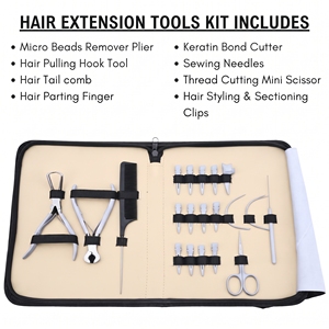 Kit d'application d'extensions capillaires en acier inoxydable, pince à micro-perles pour retrait de crimpes, outil pour extensions adhésives, coupe-keratine, crochet et boucle - Product Image 2