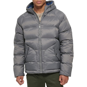 Gray Hooded Puffer <b>Jacket</b> Windproof Zipper Closure Polyester Winter Coat Casual Style Regular Fit - Product Image 1
