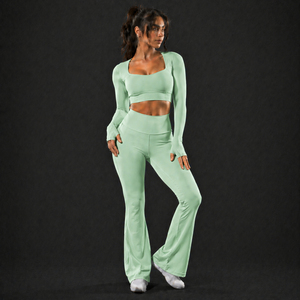 Ensemble de yoga athleisure Wida Sports 2026 pour femme : Leggings évasés taille haute et haut court à manches longues, respirant et extensible, pour l'entraînement et les activités sportives - Product Image 1