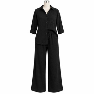 Black <b>Linen</b> Blend Co Ord <b>Set</b> Long Sleeve Button Down Shirt Wide Leg Pants Elastic Waist Casual Two Piece Outfit|Relaxed Everyday - Product Image 1