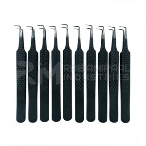 Pinzas para Extensión de Pestañas con Punta de Fibra RMI, Acabado Negro, Pinzas para Mega Volumen Ruso, Pinzas para Pestañas con Puntas de Fibra de Marca Privada - Product Image 1