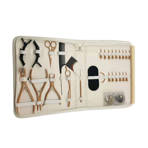 Kit d'outils pour extensions capillaires micro-anneaux marron de qualité supérieure avec étui de rangement blanc, pinces en acier inoxydable, agençage et aiguille de tirage - Product Image 1