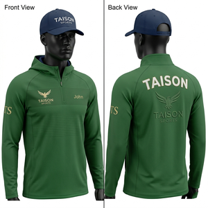 Sudadera con capucha para entrenamiento de golf para hombre, 320 GSM, poliéster, spandex, forro polar, verde oliva, panel raglán, cierre con cremallera, logotipo bordado personalizado, rendimiento superior. - Product Image 5