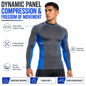 Men Full Sleeve <b>Compression</b> Rash Guard Long Sleeve Quick Dry <b>Gym</b> Training Top Blue Gray Color Blocked Sport <b>Shirt</b> - Product Image 5