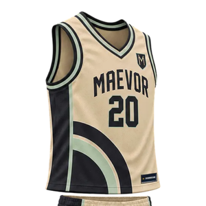 Conjunto de Uniforme de Baloncesto Personalizado para Hombre en Beige, Negro y Verde, Jersey sin Mangas con Cuello en V, Pantalones Cortos, Estampado Curvo con Nombre y Número del Equipo, Kits al por Mayor - Product Image 3