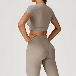 Women Solid Color Fitness <b>Short</b> Sleeve Top Workout <b>Compression</b> Leggings Gym Sports Clothing for Women Tracksuit Yoga Sets - Product Image 2