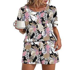 Women Tie Dye Striped 2 Piece Shorts Set O Neck Short Sleeve Loose Fit Casual Spring Summer Knitted Breathable Spandex Polyester - Product Image 3