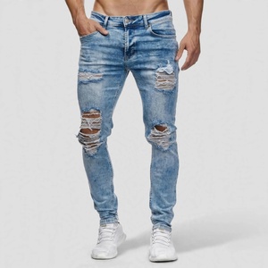<b>Men's</b> Slim Fit <b>Ripped</b> Distressed <b>Grey</b> Denim <b>Jeans</b> High Waist Casual Streetwear Autumn Style Cotton Woven - Product Image 1