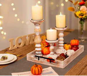 Handmade Rustic White Solid Wooden Pillar Candle Holder Set Eco Friendly Farmhouse Decor for Christmas Home Decoration - Product Image 2