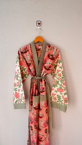 Cotton V-neck with Long Sleeve Quick Dry Beautiful Print Kimono All Season Wear Printed Cotton Kimono Robe Women Long Beachwear - Product Image 4