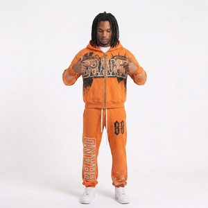 HIgh Quality <b>Orange</b> Custom Vintage Rhinestone <b>Hoodie</b> Sweatpants Set Acid Wash Tracksuit Custom Logo Men Zip Up Jogger Outfit - Product Image 6