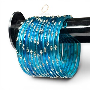 High Demand Sky Blue Raindrop Kashmiri Glass <b>Bangles</b> Set Pearl Work Gold Plated Women Fashion Indian Wedding Jewelry Wholesale - Product Image 1