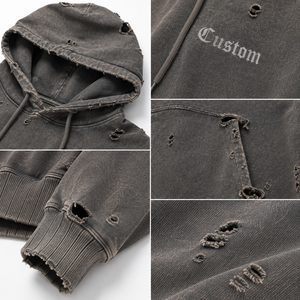 Sweat à capuche personnalisé vintage délavé à l'acide pour homme, coupe oversize, en molleton de coton épais, effet vieilli, style streetwear, déchiré - Product Image 4