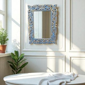 Carved Resin Eco-Friendly Luxury Vintage Floral Decorative Vanity Wall Mirror Blue Gold Finish for Bathroom Bedroom Entryway - Product Image 6
