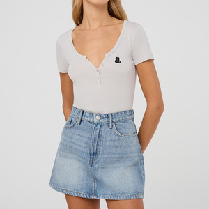 Women's <b>White</b> <b>V</b>-<b>Neck</b> Short Sleeve Crop Top Button Front Logo Minimalist Design Slim Fit Knitted Cotton Spring Summer Wear - Product Image 5