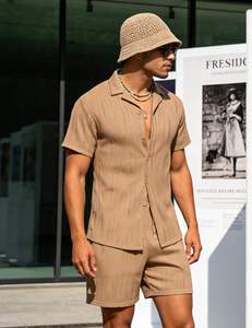 Mens Vintage Khaki Ribbed <b>Shirt</b> and Shorts Set Breathable Polyester Summer Casual Customizable Two-Piece Outfit - Product Image 4