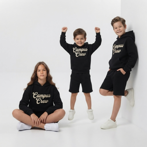 Ensemble sweat à capuche et short en coton noir Campus Crew pour enfants – Tenue décontractée unisexe, vêtement d'hiver, survêtement réversible - Product Image 1