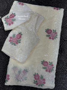 Sari de Organza Suave para Mujer con Bordados Ricos, Elegante, Tradicional, para Fiestas, Bodas, Festividades, Diseño de Autor, Gracioso - Product Image 2