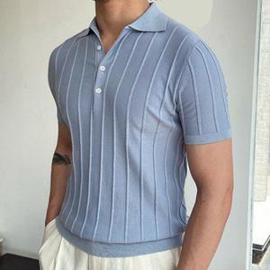 Polo tricoté pour homme à manches courtes, rayures verticales, maille côtelée, coupe ajustée, haut décontracté d'été pour homme 2026 - Product Image 4