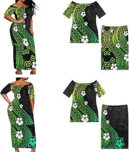 Vestidos de pareja con estampado tribal polinesio personalizado, vestidos casuales de diseñador con hombros descubiertos, vestidos de fiesta hawaianos con flores, vestidos largos con volantes para mujer - Product Image 3
