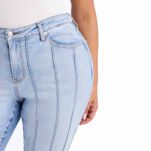 Jean en denim taille haute coupe skinny avec panneau latéral rayé, longueur intégrale, bleu délavé, style décontracté - Product Image 5